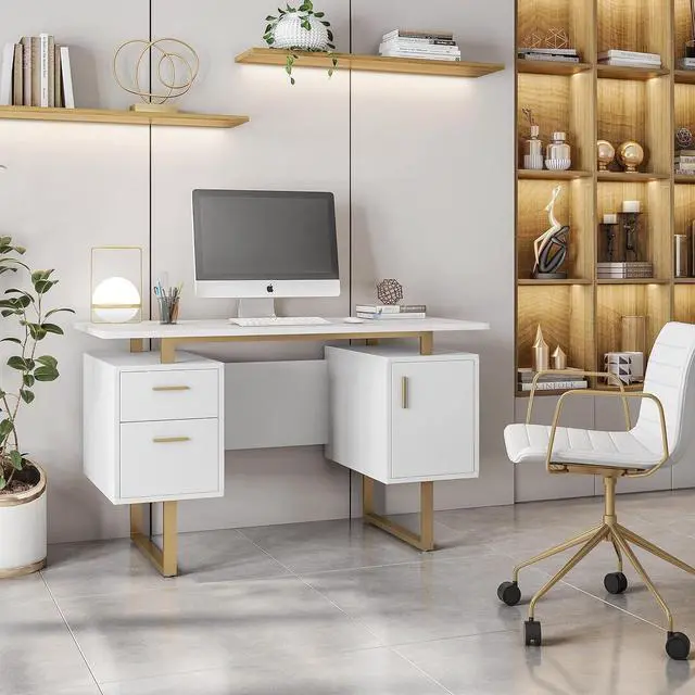 Alt view image 2 of 7 - Techni Mobili Storage Drawers and Cabinet 51.25 W-Modern Office Large Floating Desktop Surface Desk, 23.6" D x 51.2" W x 29.8" H, White/Gold