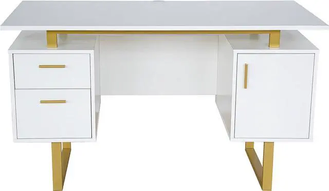 Alt view image 4 of 7 - Techni Mobili Storage Drawers and Cabinet 51.25 W-Modern Office Large Floating Desktop Surface Desk, 23.6" D x 51.2" W x 29.8" H, White/Gold