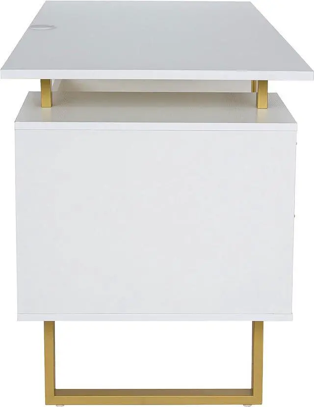 Alt view image 5 of 7 - Techni Mobili Storage Drawers and Cabinet 51.25 W-Modern Office Large Floating Desktop Surface Desk, 23.6" D x 51.2" W x 29.8" H, White/Gold
