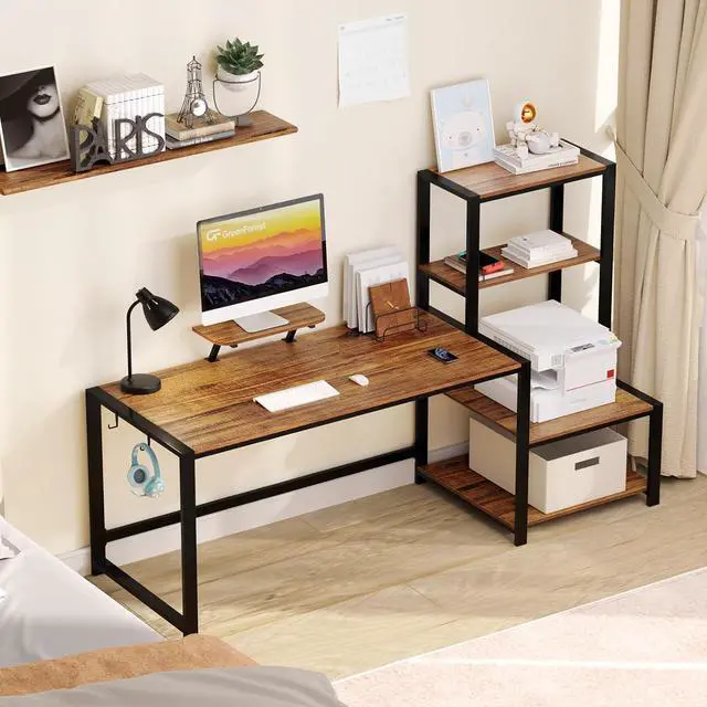 Alt view image 2 of 7 - GreenForest Computer Desk 68.8 inch with Storage Printer Shelf Reversible Home Office Desk Large Study Writing Table with Movable Monitor Stand and 2 Headphone Hooks for PC Gaming Working, Walnut