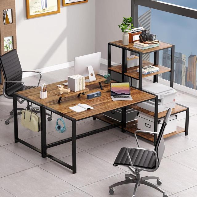 Alt view image 6 of 7 - GreenForest Computer Desk with Storage Printer Shelf,67 inch Reversible Home Office Desk Large Study Writing Table with Movable Monitor Stand and 2 Headphone Hooks for PC Gaming Working, Walnut