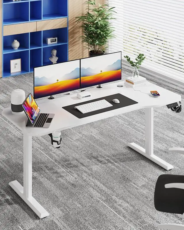 Alt view image 2 of 7 - Electric Standing Desk 63 Inch, Ergonomic Height Adjustable Table with T-Shaped Metal Bracket Modern Computer Workstations for Home Office, White, 63 x 24 Inches