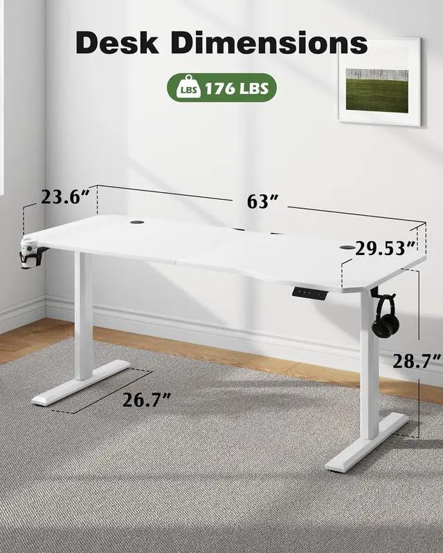 Alt view image 3 of 7 - Electric Standing Desk 63 Inch, Ergonomic Height Adjustable Table with T-Shaped Metal Bracket Modern Computer Workstations for Home Office, White, 63 x 24 Inches