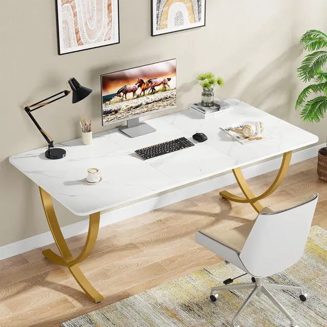 Alt view image 3 of 7 - Tribesigns Executive Desk, 63 W x 31.5 D Large Office Desk, Modern Computer Desk Conference Table Meeting Room Table, Business Furniture for Home Office, White and Gold