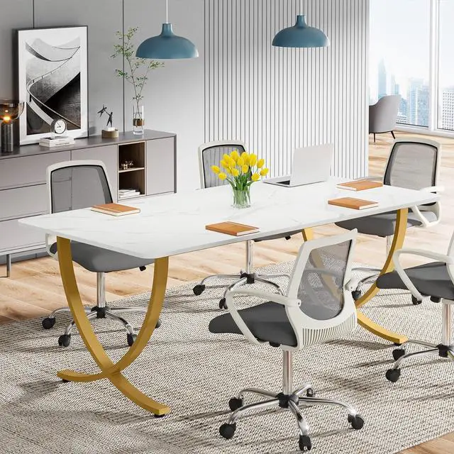 Alt view image 4 of 7 - Tribesigns Executive Desk, 63 W x 31.5 D Large Office Desk, Modern Computer Desk Conference Table Meeting Room Table, Business Furniture for Home Office, White and Gold