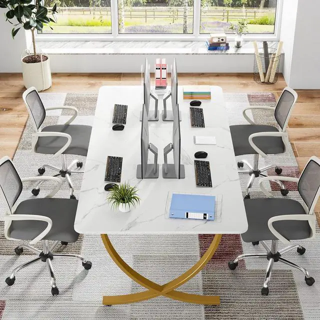 Alt view image 5 of 7 - Tribesigns Executive Desk, 63 W x 31.5 D Large Office Desk, Modern Computer Desk Conference Table Meeting Room Table, Business Furniture for Home Office, White and Gold