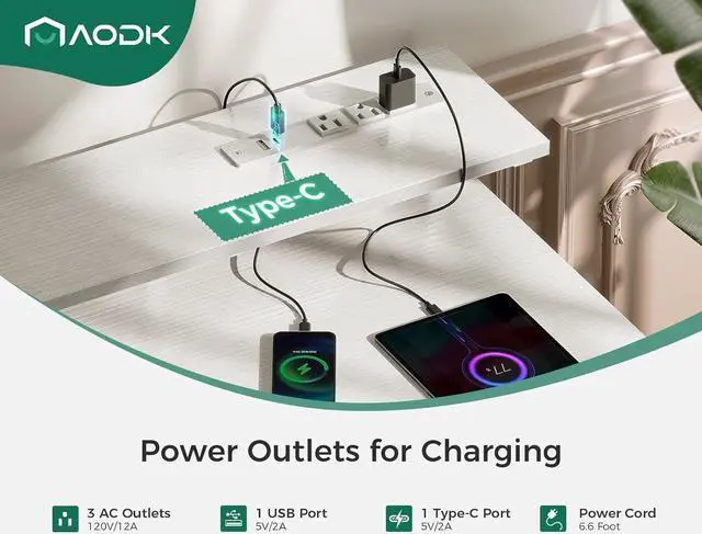 Alt view image 4 of 7 - A Small Computer Desk, 40 Inch Office Desk with Power Outlets, Study Table with Drawer and Keyboard Tray, Reversible Desk with Adjustable Monitor Shelf and Storage Shelf for Home, White