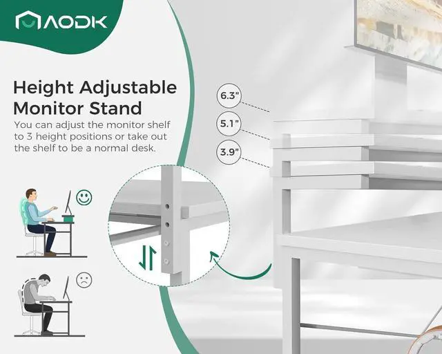 Alt view image 6 of 7 - A Small Computer Desk, 40 Inch Office Desk with Power Outlets, Study Table with Drawer and Keyboard Tray, Reversible Desk with Adjustable Monitor Shelf and Storage Shelf for Home, White