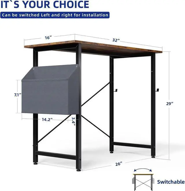 Alt view image 3 of 6 - Pamray 32 Inch Computer Desk for Small Spaces with Storage Bag, Home Office Work Desk with Headphone Hook, Small Office Desk Study Writing Table