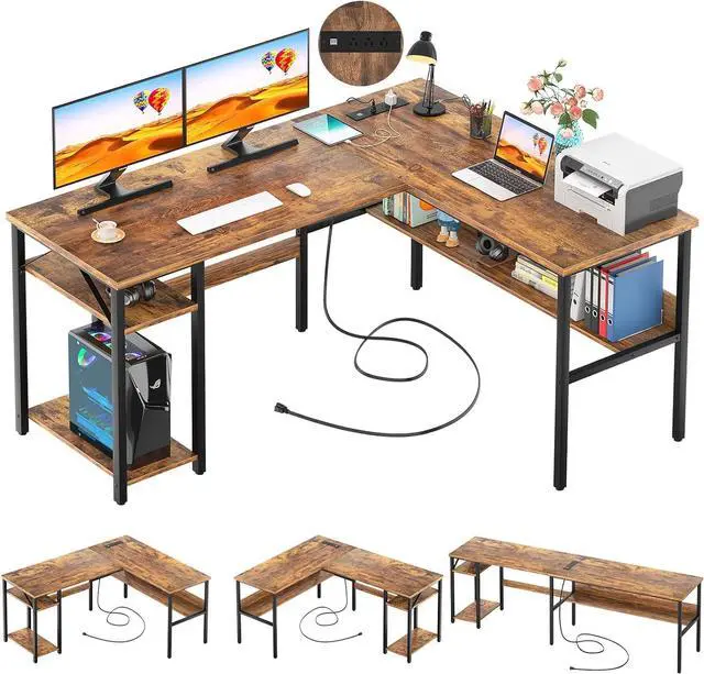 Main image of Unikito L Shaped Computer Desk with Magic Power Outlets and USB Charging Port, Sturdy Reversible Corner Desk with Storage Shelves, Modern Work Desk for Home Office, Easy to Assemble, Rustic Brown