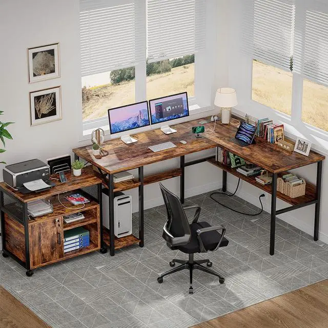 Alt view image 2 of 7 - Unikito L Shaped Computer Desk with Magic Power Outlets and USB Charging Port, Sturdy Reversible Corner Desk with Storage Shelves, Modern Work Desk for Home Office, Easy to Assemble, Rustic Brown