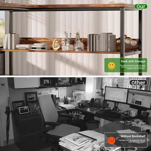 Alt view image 5 of 7 - Unikito L Shaped Computer Desk with Magic Power Outlets and USB Charging Port, Sturdy Reversible Corner Desk with Storage Shelves, Modern Work Desk for Home Office, Easy to Assemble, Rustic Brown