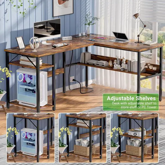 Alt view image 7 of 7 - Unikito L Shaped Computer Desk with Magic Power Outlets and USB Charging Port, Sturdy Reversible Corner Desk with Storage Shelves, Modern Work Desk for Home Office, Easy to Assemble, Rustic Brown