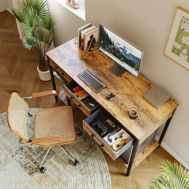 Alt view image 2 of 7 - CubiCubi 47 Inch Computer Desk with Fabric Drawers and Storage Shelfs, Small Office Home Desk, Study Writing Table, Modern Simple Desk, Rustic Brown
