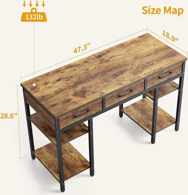 Alt view image 3 of 7 - CubiCubi 47 Inch Computer Desk with Fabric Drawers and Storage Shelfs, Small Office Home Desk, Study Writing Table, Modern Simple Desk, Rustic Brown