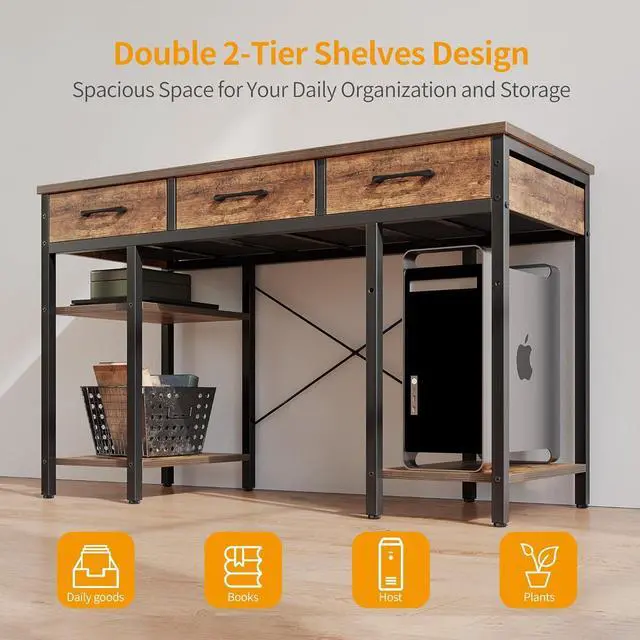 Alt view image 4 of 7 - CubiCubi 47 Inch Computer Desk with Fabric Drawers and Storage Shelfs, Small Office Home Desk, Study Writing Table, Modern Simple Desk, Rustic Brown