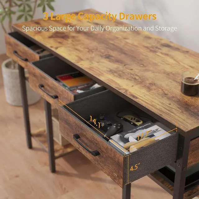 Alt view image 5 of 7 - CubiCubi 47 Inch Computer Desk with Fabric Drawers and Storage Shelfs, Small Office Home Desk, Study Writing Table, Modern Simple Desk, Rustic Brown