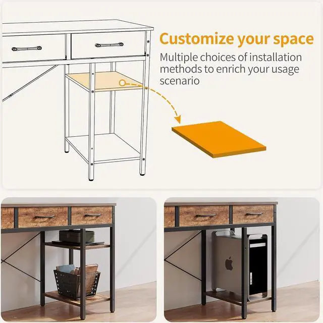 Alt view image 6 of 7 - CubiCubi 47 Inch Computer Desk with Fabric Drawers and Storage Shelfs, Small Office Home Desk, Study Writing Table, Modern Simple Desk, Rustic Brown