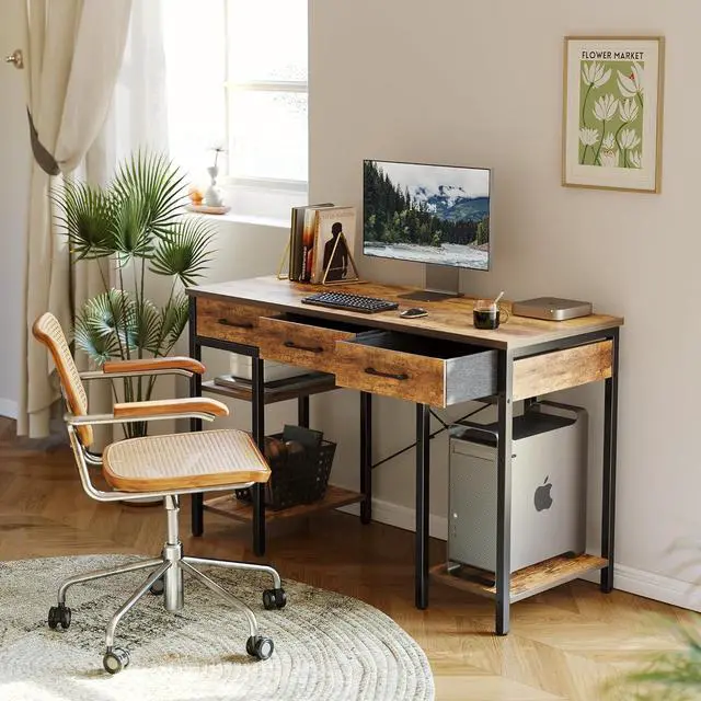 Alt view image 7 of 7 - CubiCubi 47 Inch Computer Desk with Fabric Drawers and Storage Shelfs, Small Office Home Desk, Study Writing Table, Modern Simple Desk, Rustic Brown