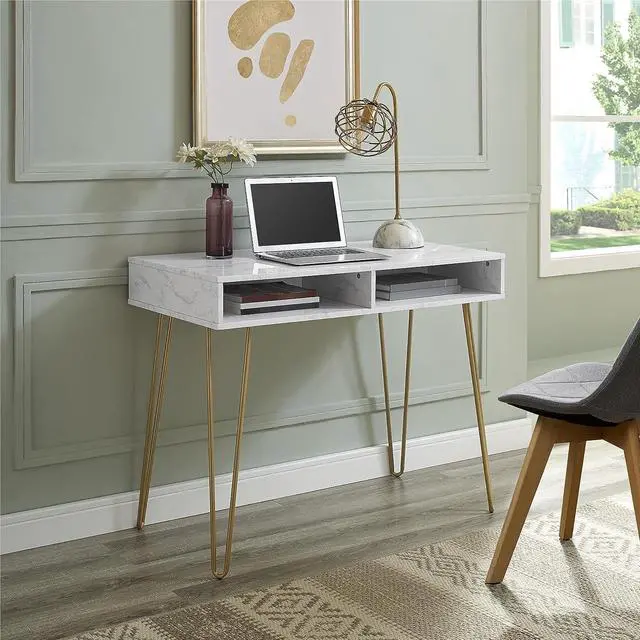 Alt view image 2 of 7 - Novogratz Athena Computer Desk with Storage, White Marble