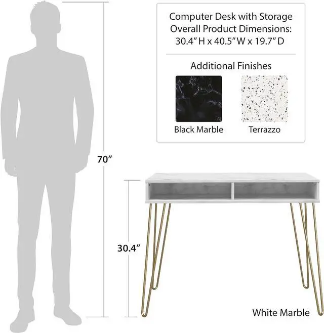 Alt view image 3 of 7 - Novogratz Athena Computer Desk with Storage, White Marble