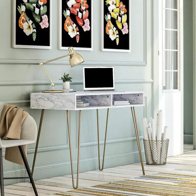 Alt view image 6 of 7 - Novogratz Athena Computer Desk with Storage, White Marble