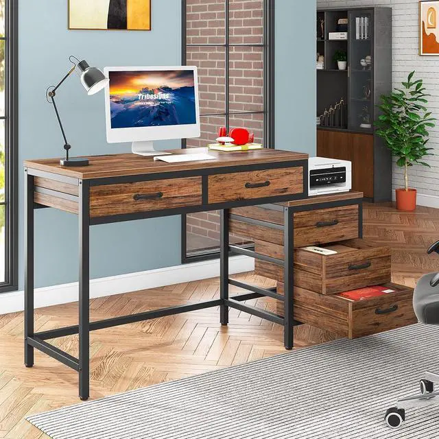 Alt view image 2 of 7 - Tribesigns Computer Desk with 5 Drawers, Home Office Desks with Reversible Drawer Cabinet Printer Stand, Industrial PC Desk with Storage, Rustic Study Writing Table Workstation for Small Spaces