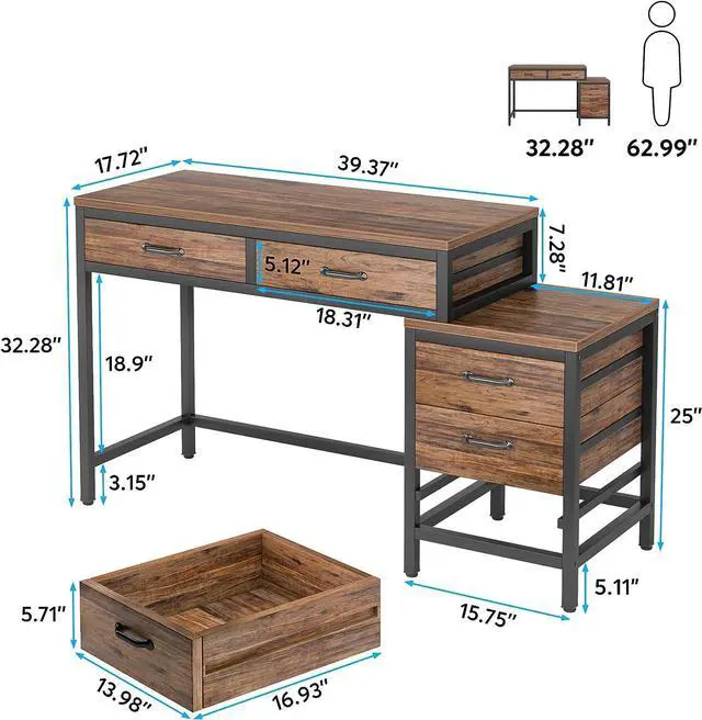 Alt view image 3 of 7 - Tribesigns Computer Desk with 5 Drawers, Home Office Desks with Reversible Drawer Cabinet Printer Stand, Industrial PC Desk with Storage, Rustic Study Writing Table Workstation for Small Spaces