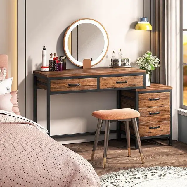 Alt view image 5 of 7 - Tribesigns Computer Desk with 5 Drawers, Home Office Desks with Reversible Drawer Cabinet Printer Stand, Industrial PC Desk with Storage, Rustic Study Writing Table Workstation for Small Spaces