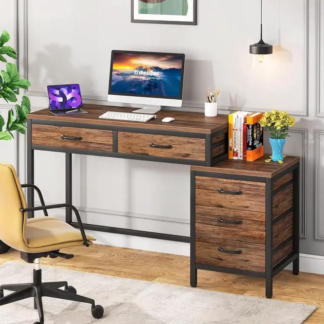 Alt view image 5 of 7 - Tribesigns Computer Desk with 5 Drawers, Home Office Desks with Reversible Drawer Cabinet Printer Stand, Industrial PC Desk with Storage, Rustic Study Writing Table Workstation for Small Spaces