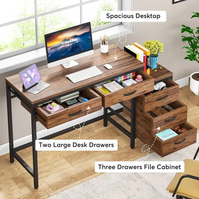 Alt view image 6 of 7 - Tribesigns Computer Desk with 5 Drawers, Home Office Desks with Reversible Drawer Cabinet Printer Stand, Industrial PC Desk with Storage, Rustic Study Writing Table Workstation for Small Spaces