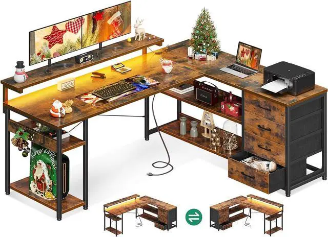 Main image of AODK 61" L Shaped Desk with Drawer, Computer Desk with Power Outlets & LED Lights, Reversible Corner Gaming Desk for Home Office Workstation, Office Desk with Monitor Shelf, Vintage