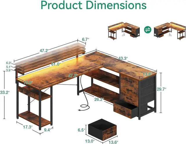 Alt view image 3 of 7 - AODK 61" L Shaped Desk with Drawer, Computer Desk with Power Outlets & LED Lights, Reversible Corner Gaming Desk for Home Office Workstation, Office Desk with Monitor Shelf, Vintage