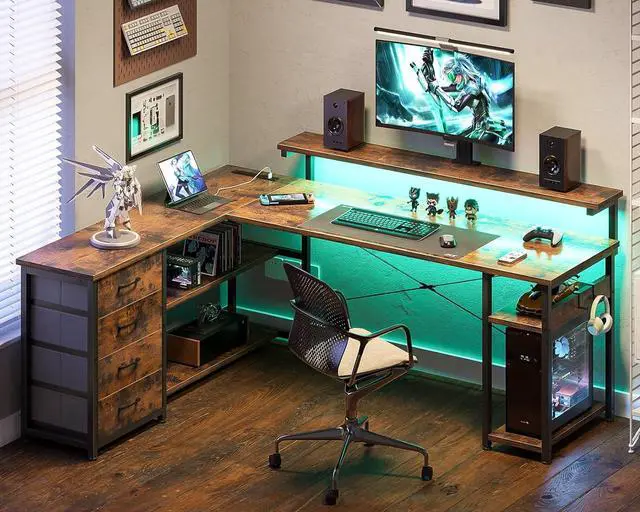 Alt view image 7 of 7 - AODK 61" L Shaped Desk with Drawer, Computer Desk with Power Outlets & LED Lights, Reversible Corner Gaming Desk for Home Office Workstation, Office Desk with Monitor Shelf, Vintage