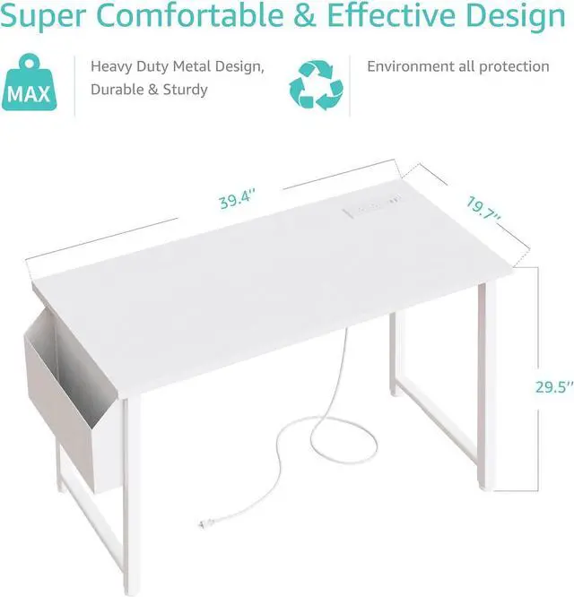 Alt view image 3 of 7 - Lufeiya 39 inch White Computer Desk with Power Outlet, 40 inch Teen Study Table Home Office Work Writing Desks with Charging Station Outlets Built in, White