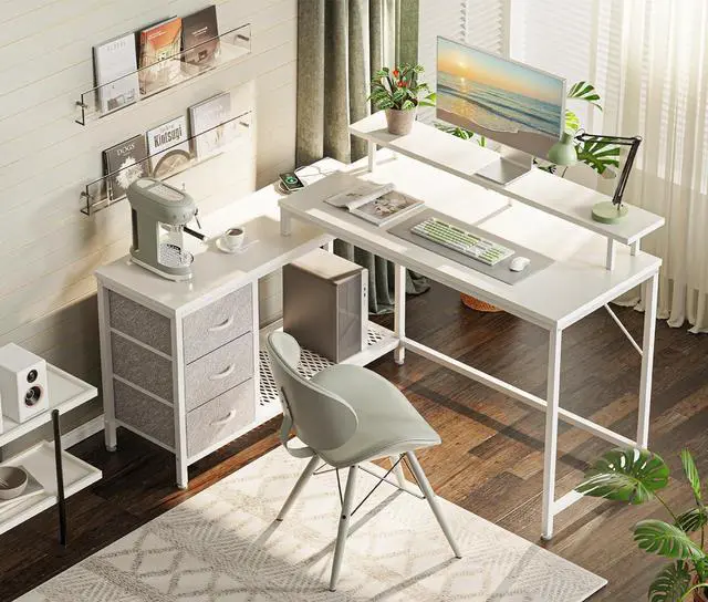 Alt view image 3 of 7 - Huuger Reversible L Shaped Computer Desk with Drawers, Gaming Desk with LED Lights and Power Outlets, Office Desk with Storage Shelves, Corner Desk with Monitor Stand, for Home & Office, White