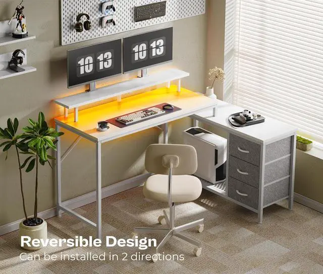 Alt view image 7 of 7 - Huuger Reversible L Shaped Computer Desk with Drawers, Gaming Desk with LED Lights and Power Outlets, Office Desk with Storage Shelves, Corner Desk with Monitor Stand, for Home & Office, White