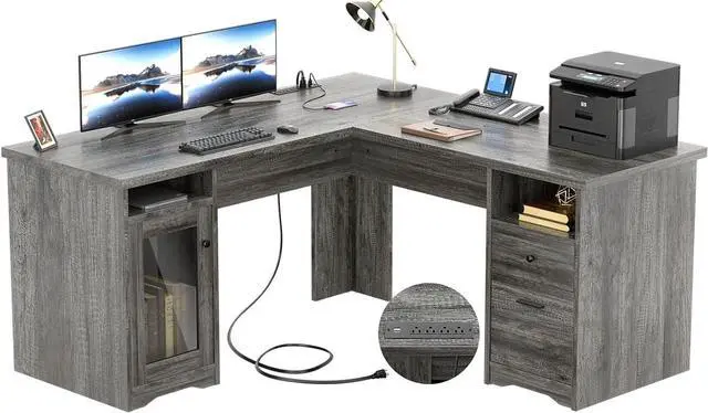 Main image of Unikito L Shaped Desk with Drawers, 60 Inch Corner Computer Desks with USB Charging Port and Power Outlet, Large 2 Person Home Office Table with File Cabinet, Black Oak