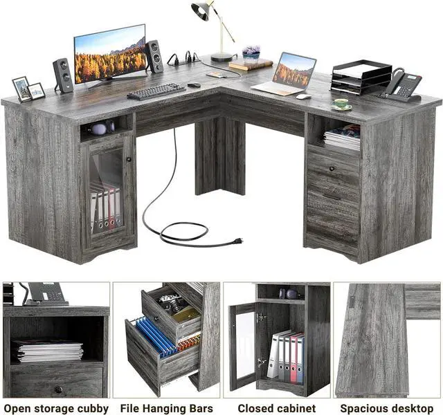Alt view image 5 of 7 - Unikito L Shaped Desk with Drawers, 60 Inch Corner Computer Desks with USB Charging Port and Power Outlet, Large 2 Person Home Office Table with File Cabinet, Black Oak