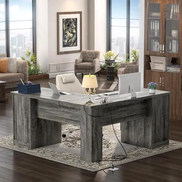 Alt view image 6 of 7 - Unikito L Shaped Desk with Drawers, 60 Inch Corner Computer Desks with USB Charging Port and Power Outlet, Large 2 Person Home Office Table with File Cabinet, Black Oak