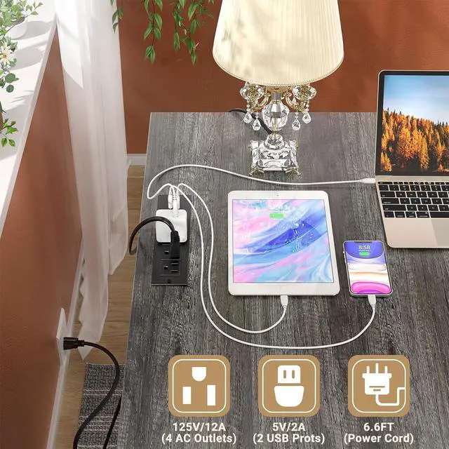 Alt view image 4 of 7 - Unikito L Shaped Desk with Drawers, 60 Inch Corner Computer Desks with USB Charging Port and Power Outlet, Large 2 Person Home Office Table with File Cabinet, Black Oak