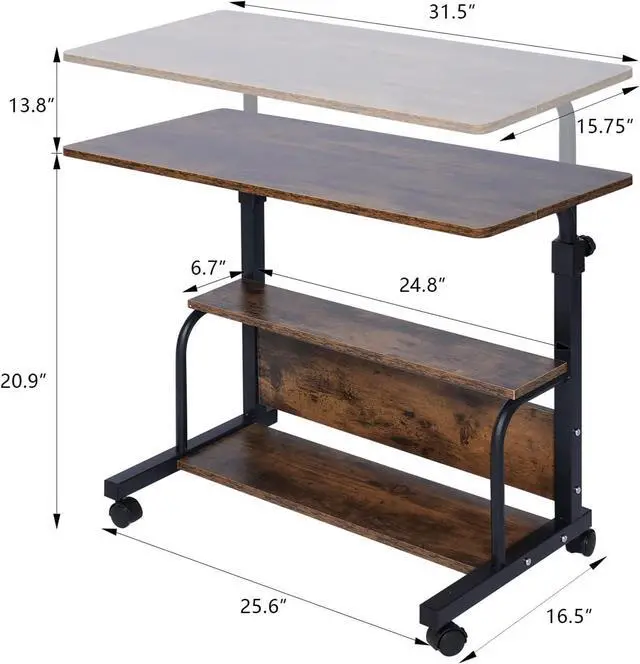 Alt view image 3 of 7 - QZMDSM Portable Rolling Desk Adjustable Laptop Desk Small Standing Desk Home Office Desks for Small Spaces Table, 31.5" Rustic Uplift Study Desk Mobile Computer Work Desk on Wheels
