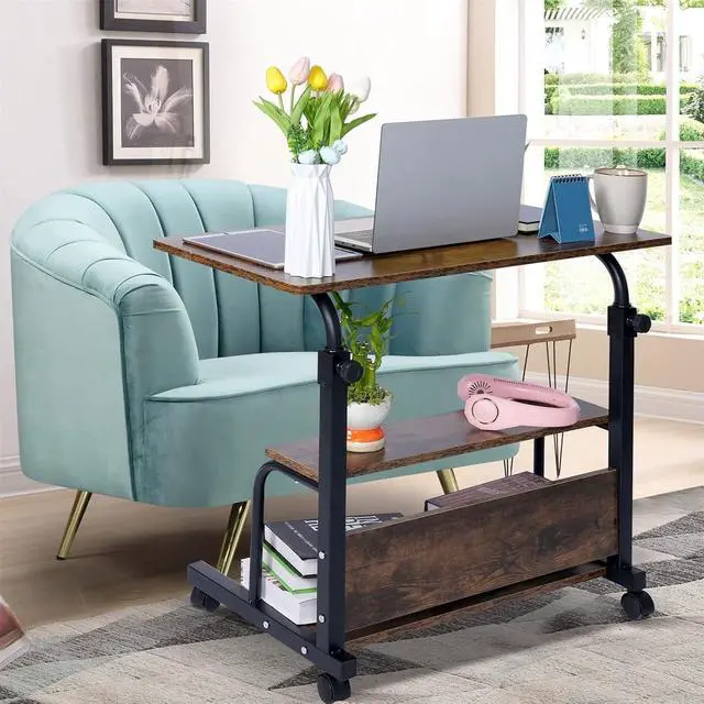 Alt view image 2 of 7 - QZMDSM Portable Rolling Desk Adjustable Laptop Desk Small Standing Desk Home Office Desks for Small Spaces Table, 31.5" Rustic Uplift Study Desk Mobile Computer Work Desk on Wheels