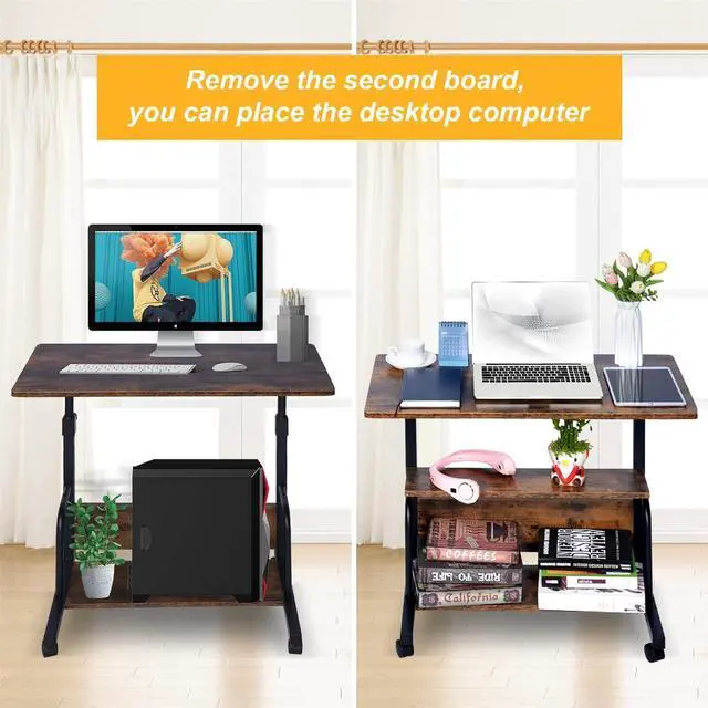 Alt view image 7 of 7 - QZMDSM Portable Rolling Desk Adjustable Laptop Desk Small Standing Desk Home Office Desks for Small Spaces Table, 31.5" Rustic Uplift Study Desk Mobile Computer Work Desk on Wheels