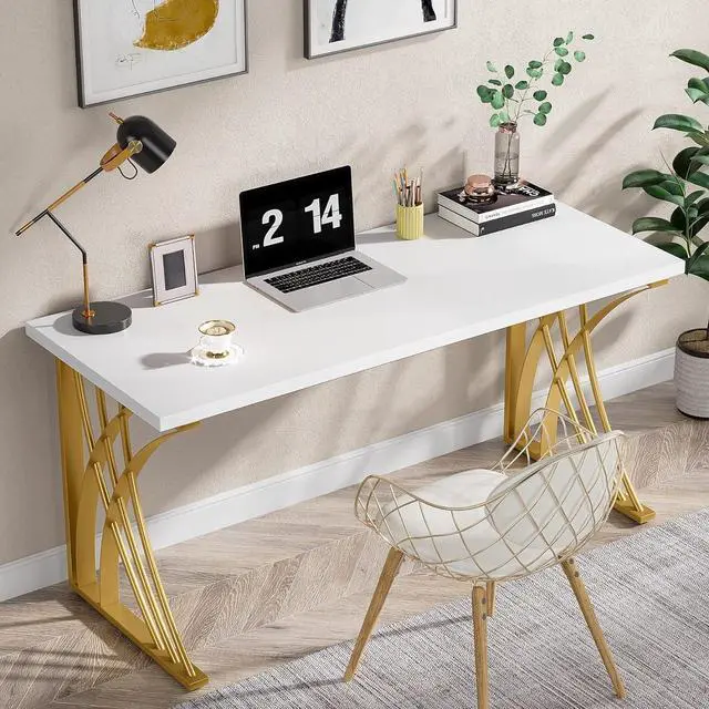 Alt view image 2 of 7 - Tribesigns 55 Large Modern Computer Desk, White & Gold Luxury Laptop PC Student Table, Makeup Vanity Table with Thick Frame & Strong Legs, Sturdy Writing Workstation for Home & Office