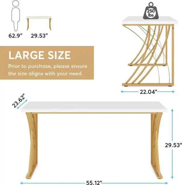 Alt view image 3 of 7 - Tribesigns 55 Large Modern Computer Desk, White & Gold Luxury Laptop PC Student Table, Makeup Vanity Table with Thick Frame & Strong Legs, Sturdy Writing Workstation for Home & Office