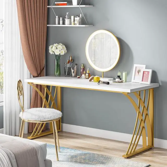 Alt view image 5 of 7 - Tribesigns 55 Large Modern Computer Desk, White & Gold Luxury Laptop PC Student Table, Makeup Vanity Table with Thick Frame & Strong Legs, Sturdy Writing Workstation for Home & Office
