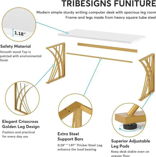 Alt view image 7 of 7 - Tribesigns 55 Large Modern Computer Desk, White & Gold Luxury Laptop PC Student Table, Makeup Vanity Table with Thick Frame & Strong Legs, Sturdy Writing Workstation for Home & Office