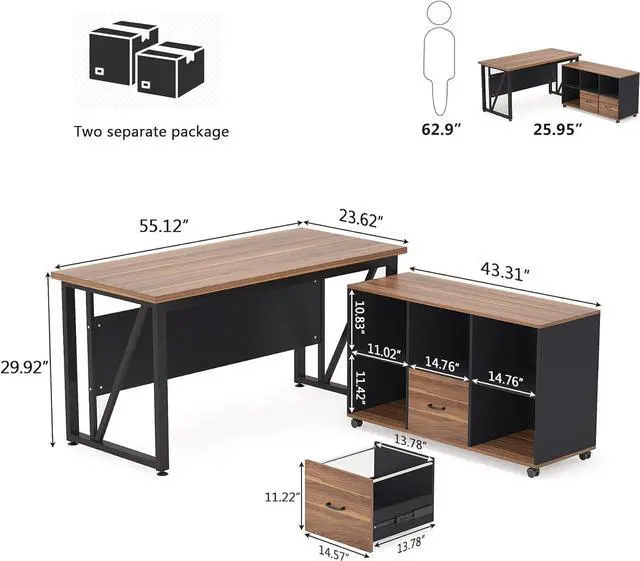 Alt view image 6 of 7 - Tribesigns 55 inches Executive Desk and 43" lateral File Cabinet, L-Shaped Computer Desk Home Office Furniture with Drawers and Storage Shelves, Office Table with Cabinet (Walnut, 55)
