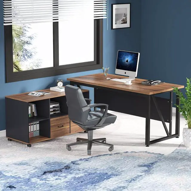 Alt view image 7 of 7 - Tribesigns 55 inches Executive Desk and 43" lateral File Cabinet, L-Shaped Computer Desk Home Office Furniture with Drawers and Storage Shelves, Office Table with Cabinet (Walnut, 55)